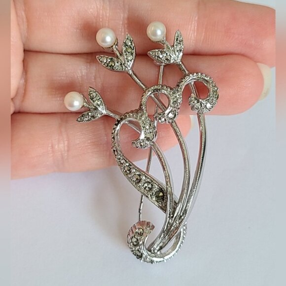 Vintage Boho Sterling Silver Marcasite Crystal Pearl Flower Brooch Pin - Picture 8 of 10